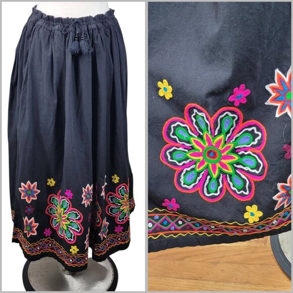 VTG Skirt Boho Medium Large XL Festival hippie Long Drawstring Waist Embroidered - Picture 1 of 10